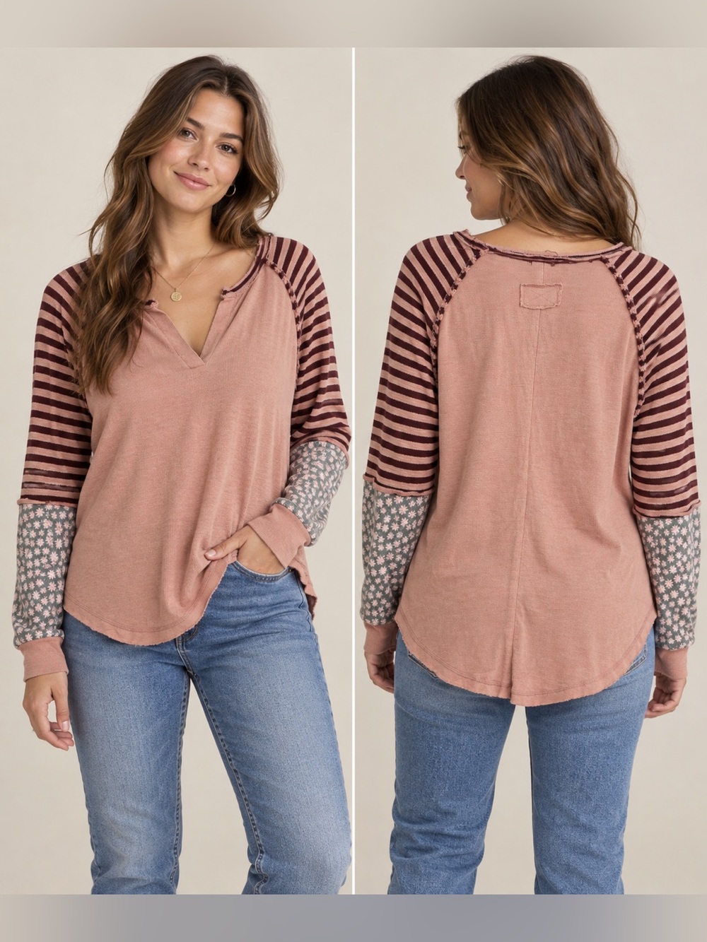New 2You Boho Layered Top Dusty Rose Striped Floral Sleeves L
